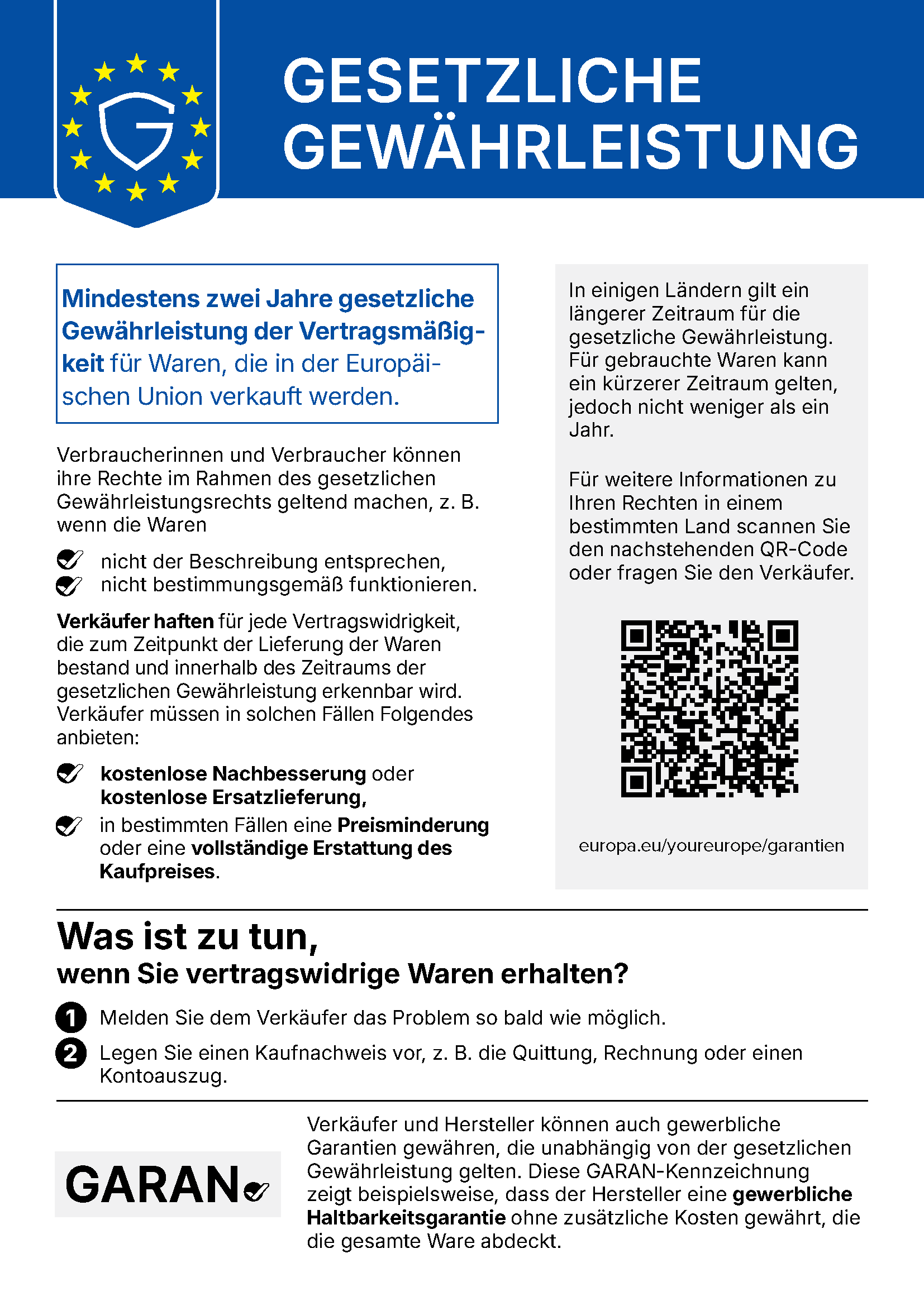 Amtliche EU-Mitteilung „Gesetzliche Gewährleistung“ – der Wortlaut steht im Warenkorb und auf der Shop-Seite unter „Text der Mitteilung lesen“.